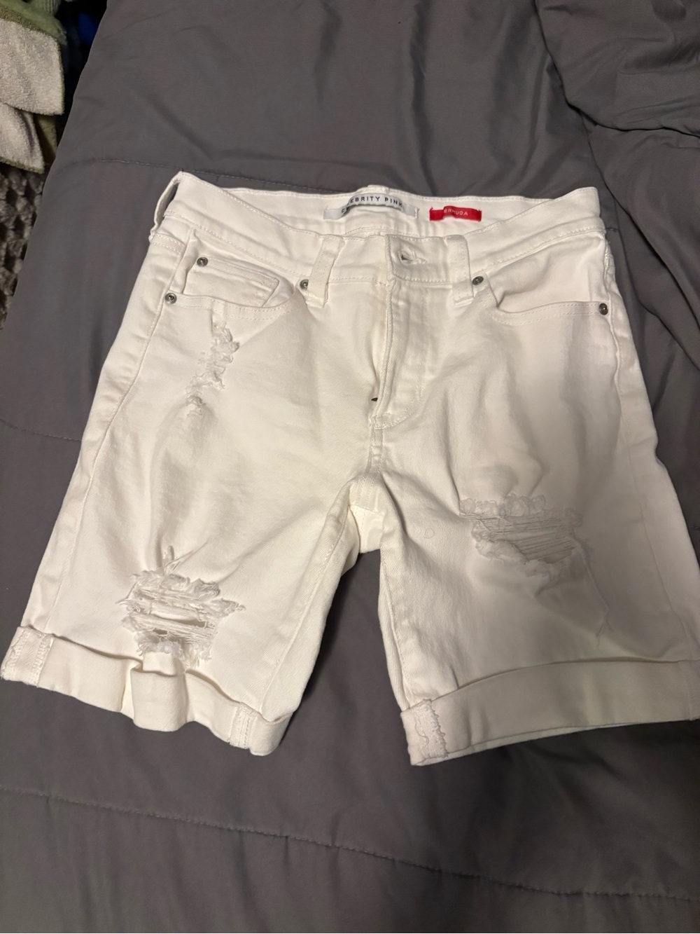 Celebrity Pink White Denim Shorts with Red Accent Label